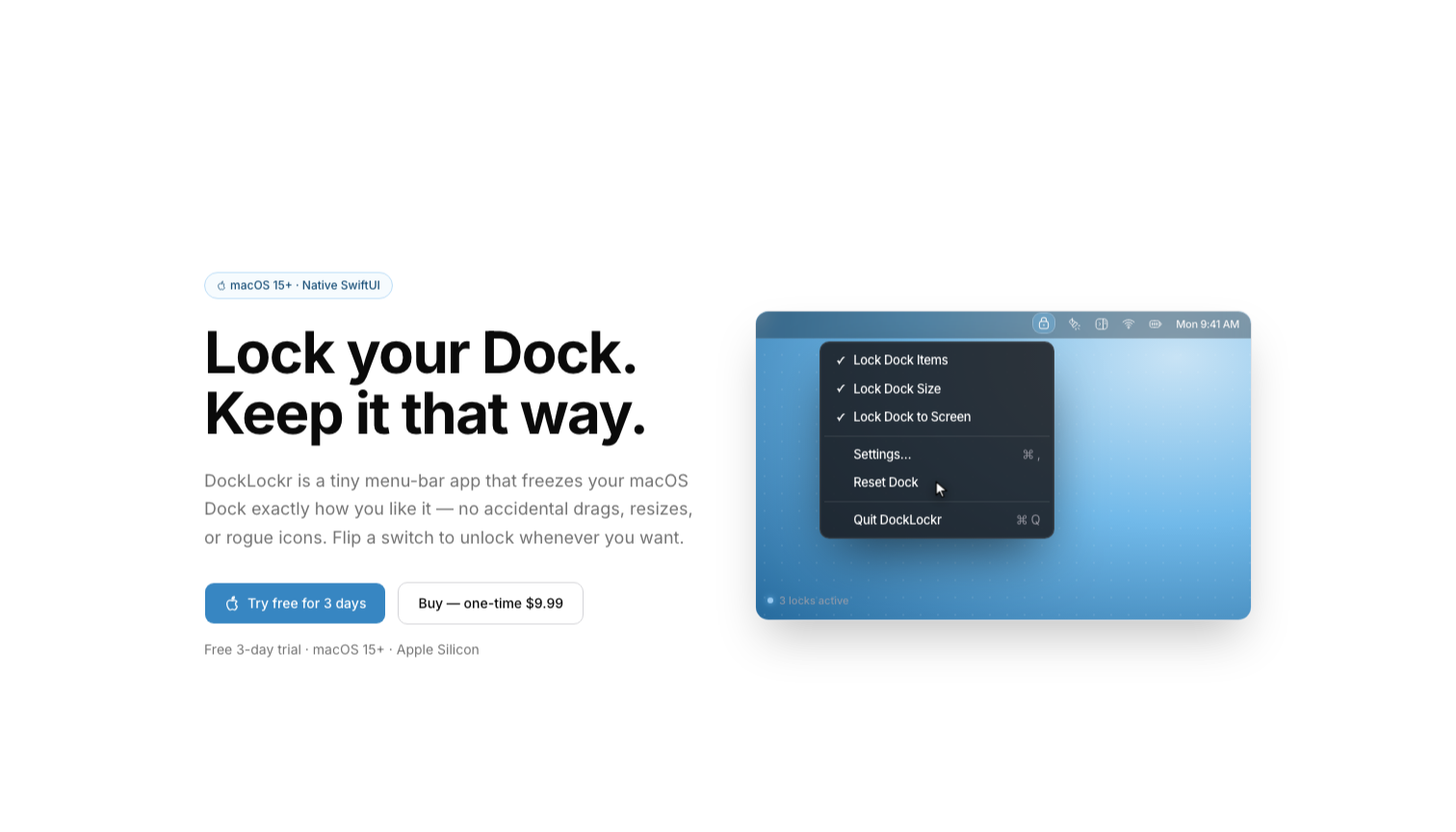 DockLockr&rsquo;s menu bar dropdown with all three locks enabled