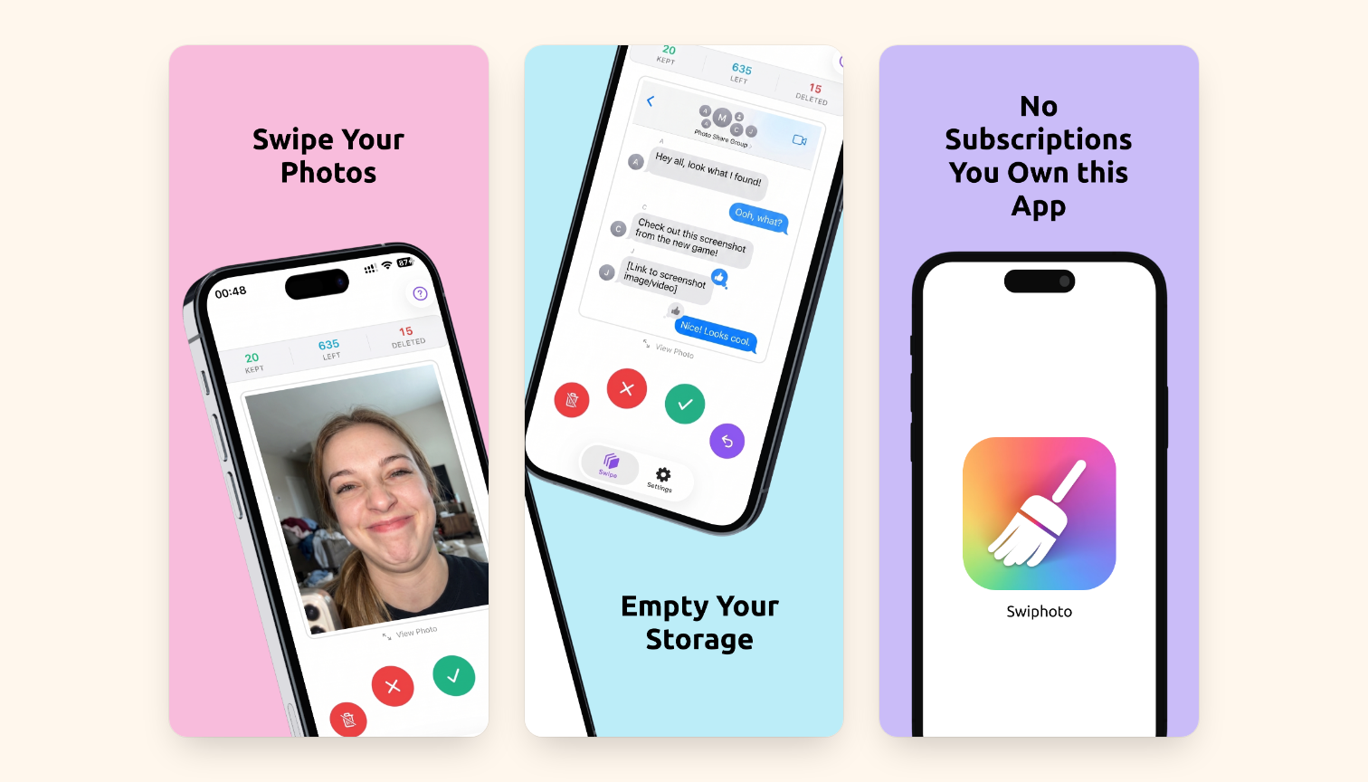 Swiphoto on iPhone: the swipe screen, the archive, and the app icon